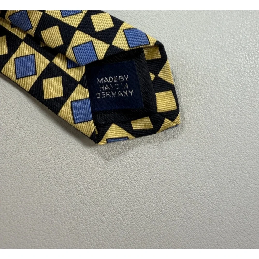 Polo Ralph Lauren Silk Tie Yellow Blue Geometric Diamond Handmade Germany Mens